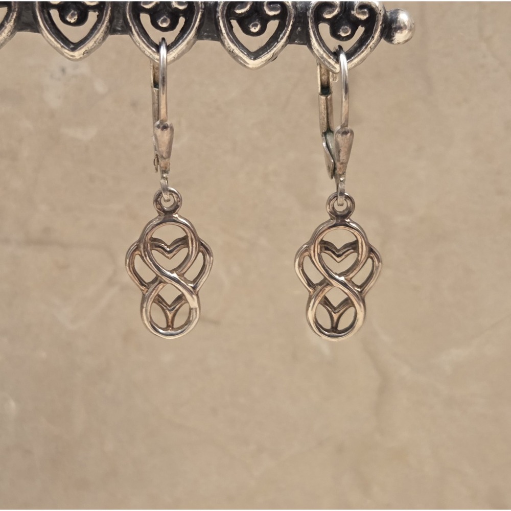 Vintage Sterling Silver Celtic Infinity Heart Dangle Earrings Lever Back
